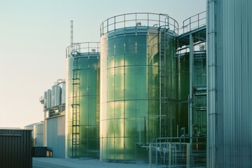 Large industrial tanks with a greenish tint stand tall outside a modern facility, reflecting morning light, signifying efficient industrial processes.