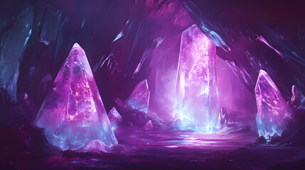 Obraz premium A glowing crystal cave with shimmering walls, mysterious and magical, fantasy glowtime, exploration of hidden realms. Crystal Cave. Illustration
