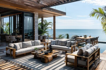 Obraz premium Coastal outdoor furniture set with natural wood accents, grey cushions, and green palm leaves, terrace overlooking the ocean.