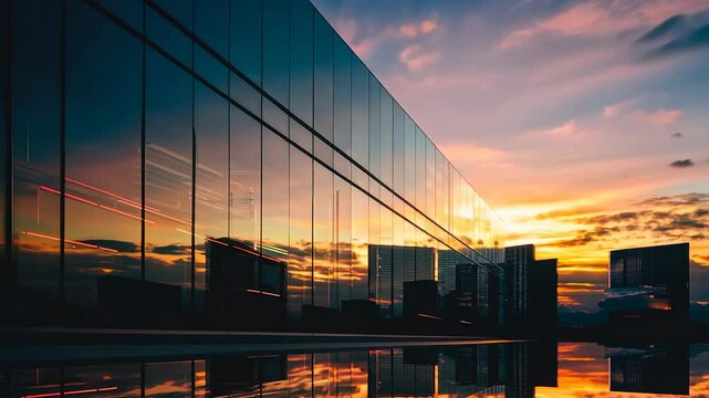 office building or business center. window buildings made of glass reflect the clouds and the sunset. empty street outside  wall modernity civilization, commercial, skyscraper, architecture