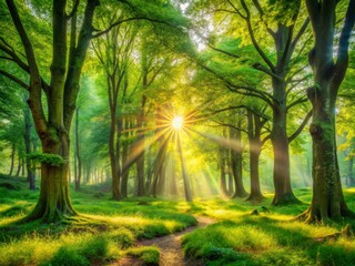 Fototapeta premium Whimsical nature reserve scenery with sunlight filtering through trees and vibrant green colors