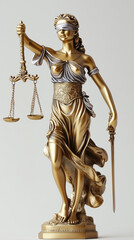 A golden statue of Lady Justice holding a sword in one hand and scales in the other, symbolizing law, fairness, and impartiality