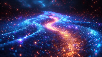 A mesmerizing digital landscape featuring glowing particles and vibrant colors, resembling a cosmic river of light.