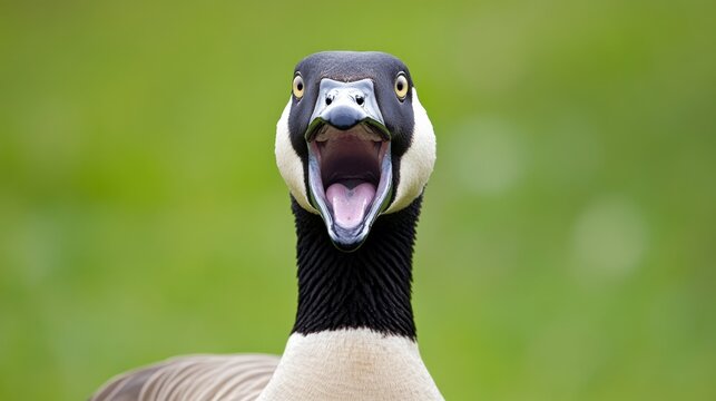 A close up of a duck with its mouth open and tongue out, AI
