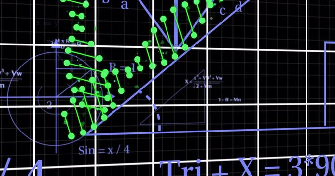 Mathematical formulas and graphs with green data points over black grid background