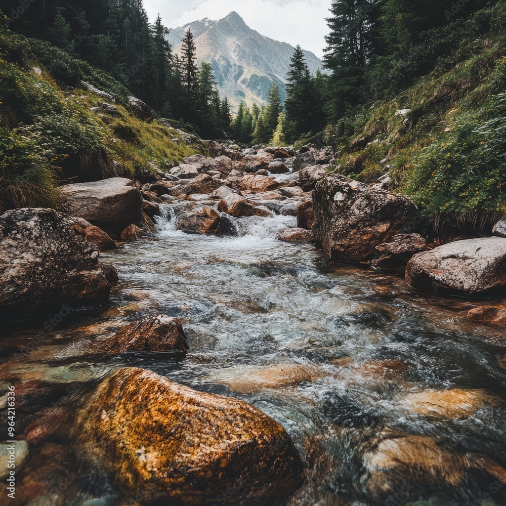 Sticker Mountain stream flowing through a rocky riverbed, surrounded by lush green trees.