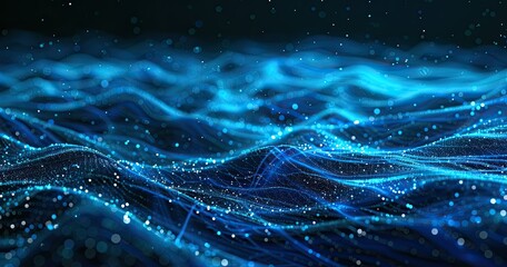 A mesmerizing digital representation of flowing waves illuminated with blue light particles, evoking a sense of tranquility and depth.
