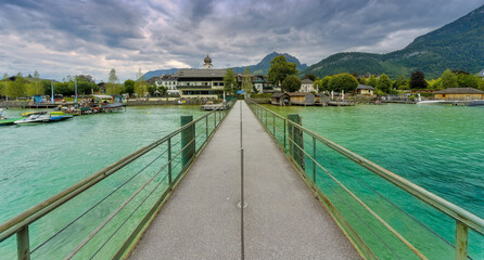 Obraz premium Pier on the lake, Strobl, Wolfgangsee; Salzburg, Austria, Europe, August 2024