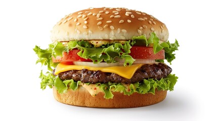 A realistic burger with layers of lettuce, tomato, and cheese on a white background.