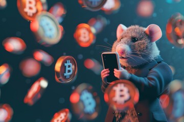 A cute mouse in a suit holds a smartphone while surrounded by floating Bitcoin symbols, suggesting a playful take on cryptocurrency.