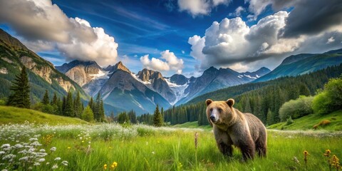 A Brown Bear Stands In A Lush Meadow With Green Grass And Wildflowers, Surrounded By Mountains And A Blue Sky With Puffy Clouds