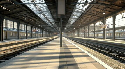 passenger lanes at long railway stations along the train tracks 