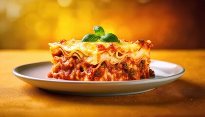 piece of lasagna in plate on bright background, delicious food