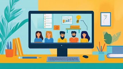 A virtual classroom on a computer screen, with students and the teacher visible in a video call