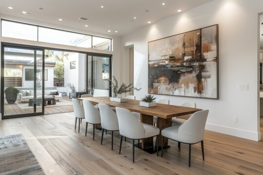 Elegant dining room with modern art, white walls, and wood floor in an upscale home for sale in Marana, Arizona.