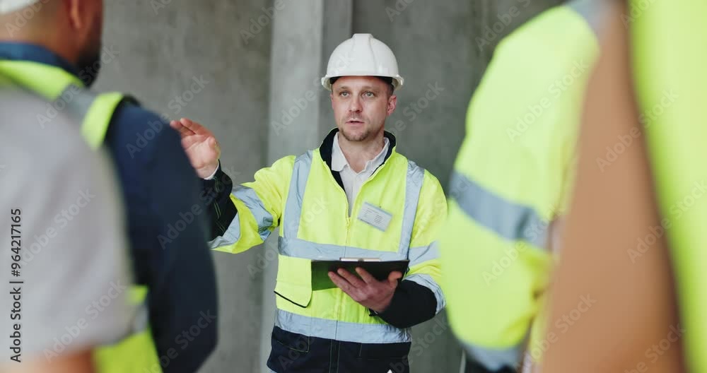 Aufkleber Teamwork, checklist and engineering with man on construction site for project management. Property development, building inspection for architecture, clipboard and contractor with planning update