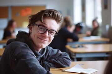 A young man in glasses sits in a classroom, smiling warmly with his arms crossed, the rest of the class blurred in the background.