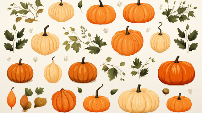 Set d'illustration de citrouilles et feuilles d'automne. Illustration automnal. D&eacute;coration pour Halloween. P&eacute;riode Septembre, Octobre, Novembre. Pour conception et cr&eacute;ation graphique.