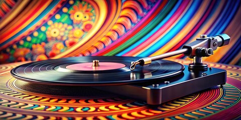 A Classic Vinyl Record Player Spinning A Black Disc With A Vibrant Retro Color Scheme And Abstract Patterns In The Background