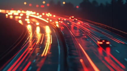 Night highway traffic with blurred headlights and taillights.