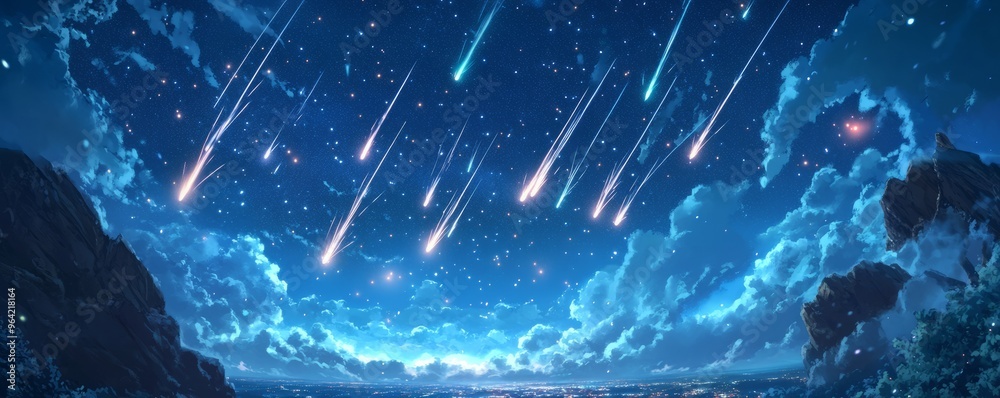 Poster Night sky with shooting stars and clouds over a distant city.