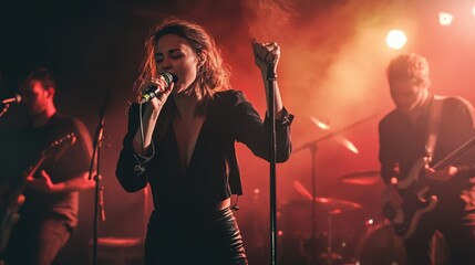 A vocalist passionately singing into a microphone on stage, with a band playing behind them