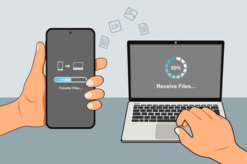 A man's hand holding a mobile phone to transfer files from mobile phone to laptop. Backup, Copy file and media or exchange data concept. Vector illustration.