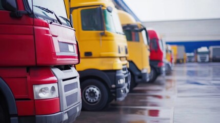 Naklejka premium Close up fleet of trucks parked in front of warehouse to delivering factory goods