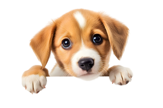 Puppy dog holding blank banner isolated on transparent background