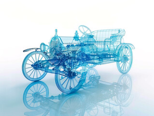 Fototapeta premium Car visualization with augmented reality Transparent car in studio drawing in blue colors, blueprint glowing neon hologram futuristic show technology security for premium product business financ