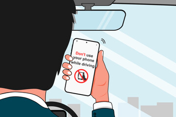 Do not use your phone while driving concept. A man driving a car while using a mobile phone. Driving safety campaign. Vector illustration.