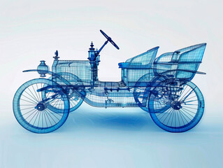 Fototapeta premium Car 1880s visualization with augmented reality Transparent car in studio drawing in blue colors, cutting edge modeling technology of visualisation