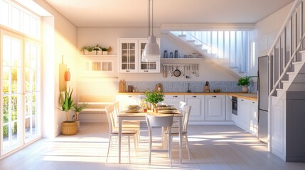 Simple kitchen with dining table in the center and stairs to the second floor. Cozy and comfortable home design. 3D illustration.