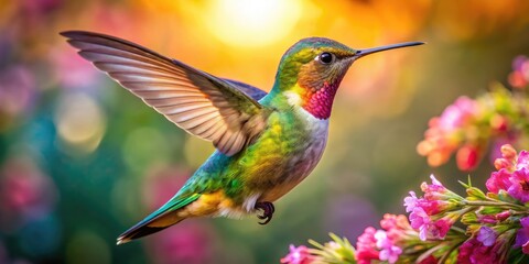 A Close-Up Of A Vibrant Hummingbird Hovering Near A Delicate Flower, Its Colorful Plumage Shimmering In The Sunlight.