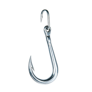 A shiny metal fishing hook hanging against