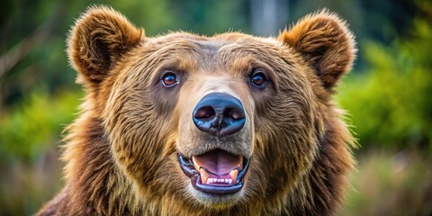 Fototapeta premium A Close-Up Photo Of A Smiling Brown Bear With Sharp Teeth And A Friendly Expression