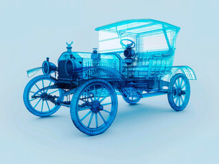 Car 1890s visualization with augmented reality Transparent car in studio drawing in blue colors blueprint glowing neon hologram futuristic show technology security for premium product business finance