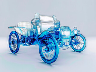 Fototapeta premium Car 1880s visualization with augmented reality Transparent car in studio drawing in blue colors, cutting edge modeling technology of visualisation