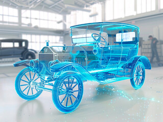 Car 1890s visualization with augmented reality Transparent car in studio drawing in blue colors blueprint glowing neon hologram futuristic show technology security for premium product business finance