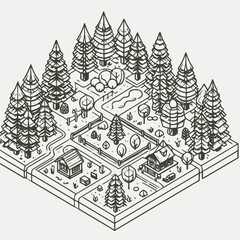 line art isometric illustration of jungle