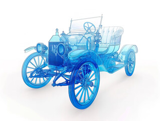 Fototapeta premium Car 1890s visualization with augmented reality Transparent car in studio drawing in blue colors blueprint glowing neon hologram futuristic show technology security for premium product business finance