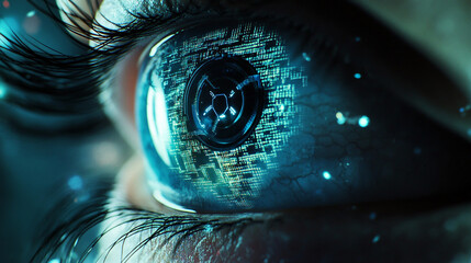 Close-up of digital eye or lens with high-tech iris and data streaming, representing surveillance and vision technology