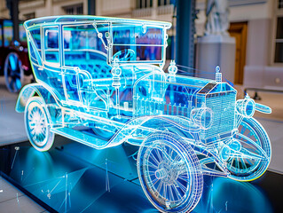 Fototapeta premium Car 1900s visualization with augmented reality Transparent car in studio drawing in blue colors blueprint glowing neon hologram futuristic show technology security for premium product business finance
