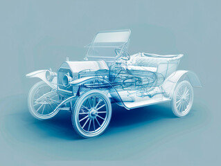 Car 1900s visualization with augmented reality Transparent car in studio drawing in blue colors blueprint glowing neon hologram futuristic show technology security for premium product business finance