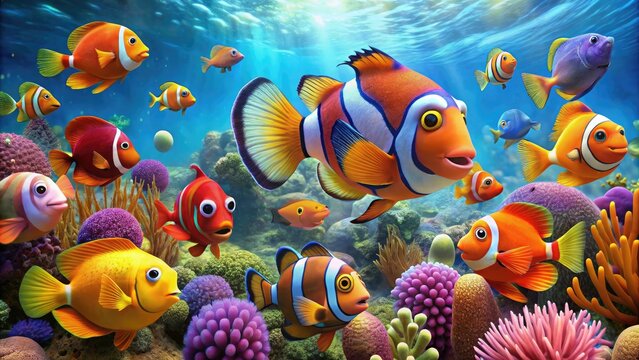 A Colorful And Diverse Collection Of Fish Species, Reminiscent Of The Characters From A Popular Animated Film Featuring An Adventurous Clownfish And His Search For His Son.