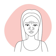 Vector illustration of a female portrait with blackheads and a light pink background.