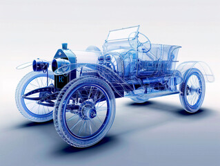 Car 1900s visualization with augmented reality Transparent car in studio drawing in blue colors blueprint glowing neon hologram futuristic show technology security for premium product business finance