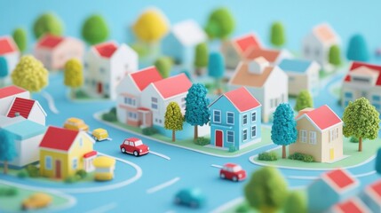 Fototapeta premium Cartoon-style miniature cityscape with colorful houses, trees, and cars on a light blue background. Urban layout and architecture concept