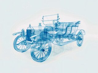 Fototapeta premium Car 1900s visualization with augmented reality Transparent car in studio drawing in blue colors blueprint glowing neon hologram futuristic show technology security for premium product business finance