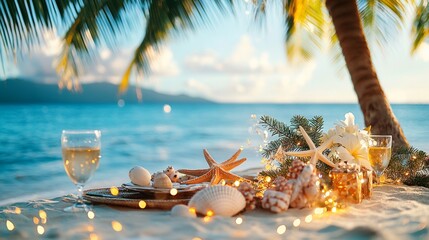 Romantic christmas dinner setup for two on a tropical beach with sparkling wine and seashells, with a blurred ocean and palm tree in the background